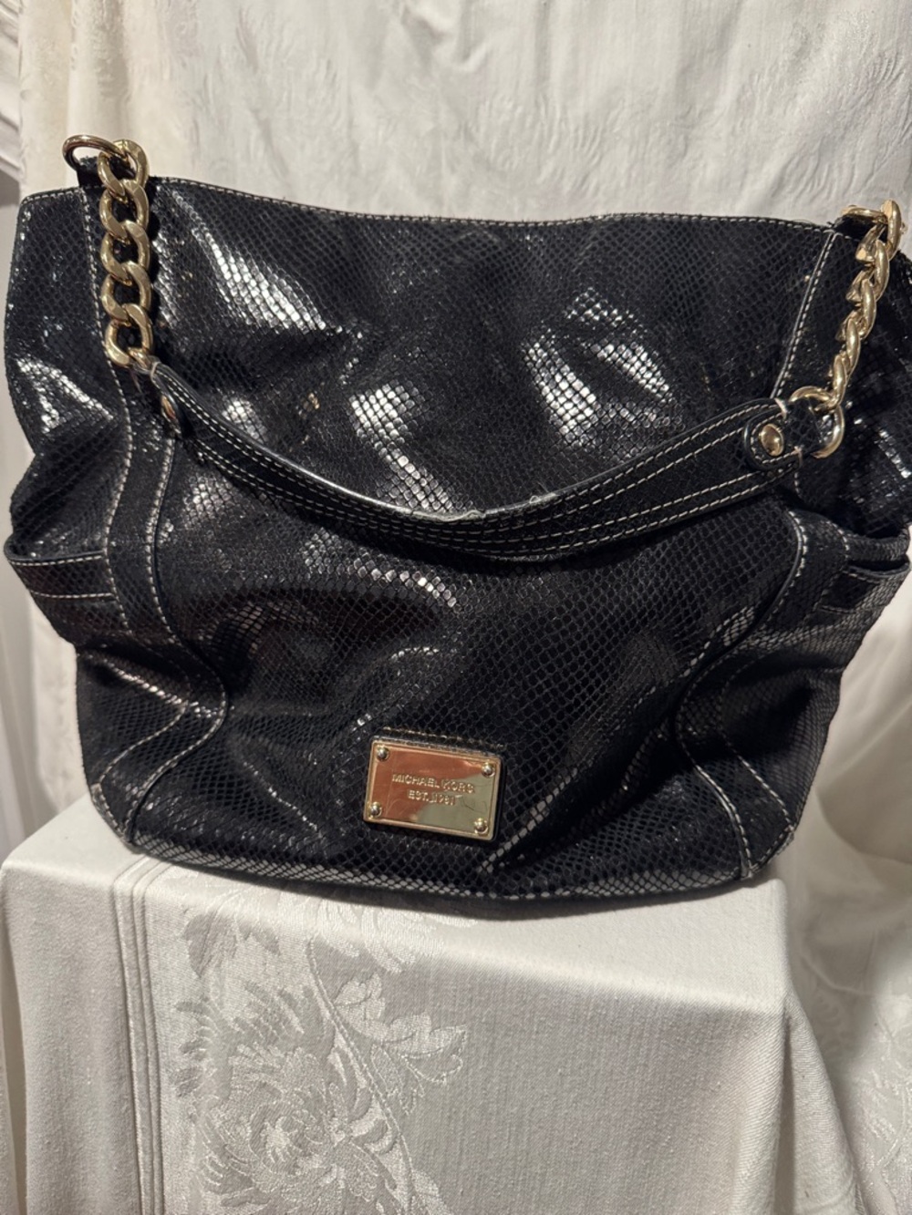 Vintage Michael Kors Black Textured Shoulder Bag with Gold Chain Accents